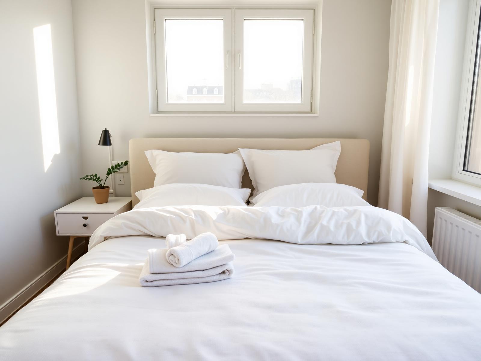 Freshly made Airbnb bed with folded towels